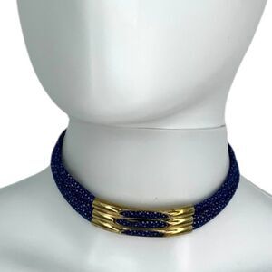 Max & Zoe Triple Strand Choker Necklace Blue Gold Tone